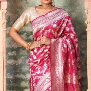 Banarasi Printed katan rani pink silk Saree