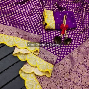 Pure Crepe Khadi Silk Pattu Saree With Weaving Design on All Over The Saree With Rich Elegant Weaving Pallu With Weaving Border on Both Side Paired With Scalloped Lace Attached