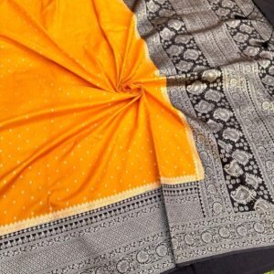 Handwoven Pure Banarasi Tussar yellow Silk Saree with black Border