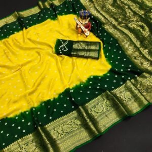 Yellow and Dark Green Multi Colors Kanjivaram Bandhej Silk Sarees with Zari Weaving Borders