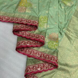 Dola silk saree with embroidery, sequence, & threadwork border.