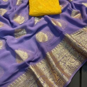 Latest Royal Blue Viscose Georgette Saree With Contrast Banarasi Silk Blouse