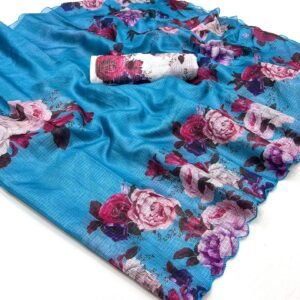 Blue Color Kota Silk Saree With Cut Work, Floral Print, And Blouse.