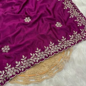 Latest Wine Pure Chinon with Embroidery work saree and Fancy Blouse