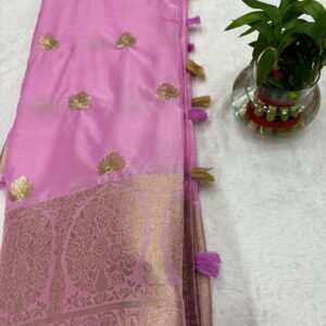 Latest Collection of Pure Chinon crepe pink Colour silk saree