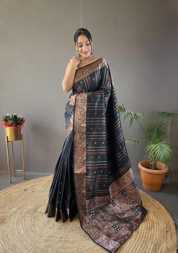 Black Silk Saree with Silver, Copper, Antique Weaving & Jacquard.