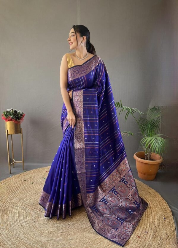 Royal Blue Silk Saree with Silver, Copper, Antique Weaving & Jacquard.