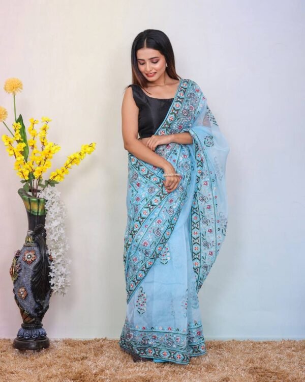 Latest Collection Soft Refined Organza Silk Saree With Embroidery Thread Work border