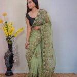 Latest Collection Soft Refined Organza Silk Saree With Embroidery Thread Work border