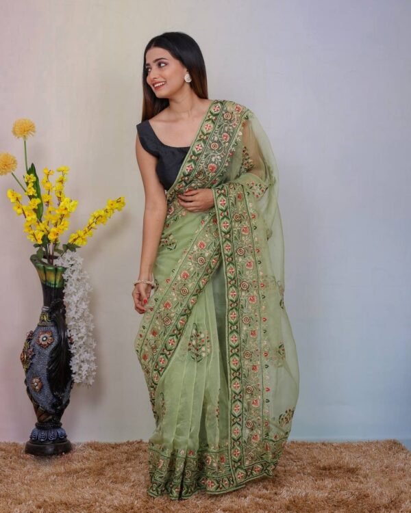 Latest Collection Soft Refined Organza Silk Saree With Embroidery Thread Work border