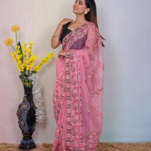 Superb Soft Refined Organza Silk Saree With Embroidery Thread Work border