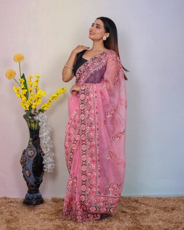 Superb Soft Refined Organza Silk Saree With Embroidery Thread Work border