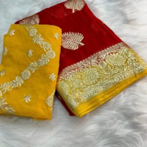 Viscose Georgette 2D Dying Saree with Red and Yellow Colour Border