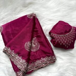 Latest Wine chinon Saree with Embroidery and Peacock Work