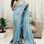 Wrinkle tissue soft designer blue saree