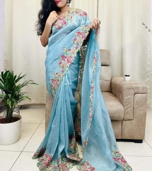 Wrinkle tissue soft designer blue saree