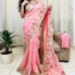 Wrinkle tissue soft designer baby pink sarees