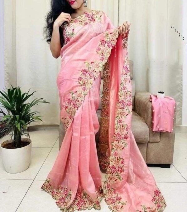 Wrinkle tissue soft designer baby pink sarees