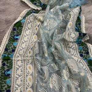 Latest chikankari Organza Silk Saree