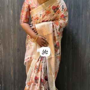 Dola silk sarees with floral digital prints and contrast blouse.