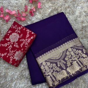 Pure soft Viscose 60/60 Georgette’s silk fabric with jacquard cow figure design on border with viscose gold zari blouse